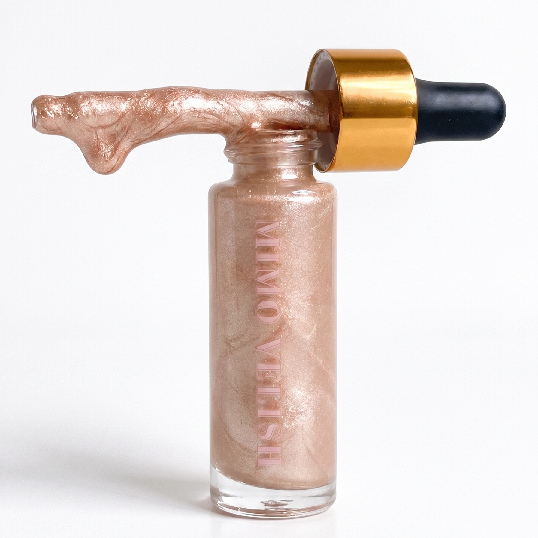 Glass bottle with gold dropper cap on a white background luxury make up gloss highlighter dewy skin