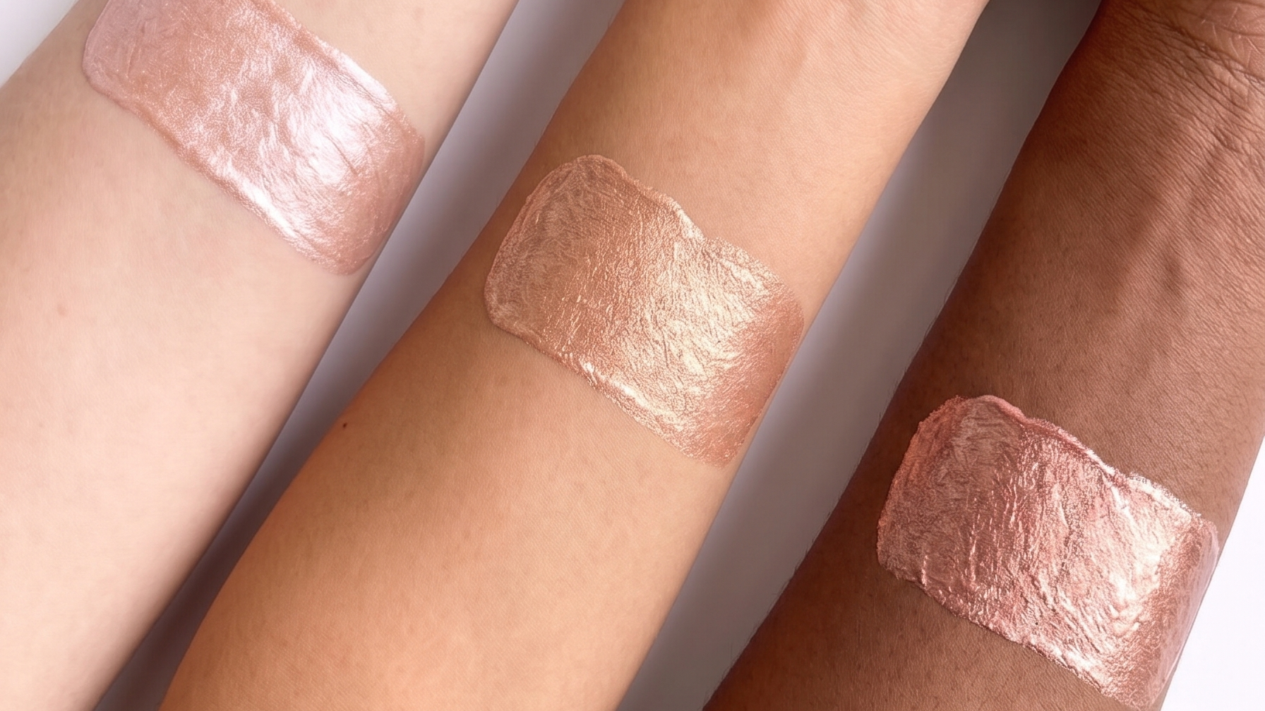 Three swatches of a beige cosmetic product on different skin tones.